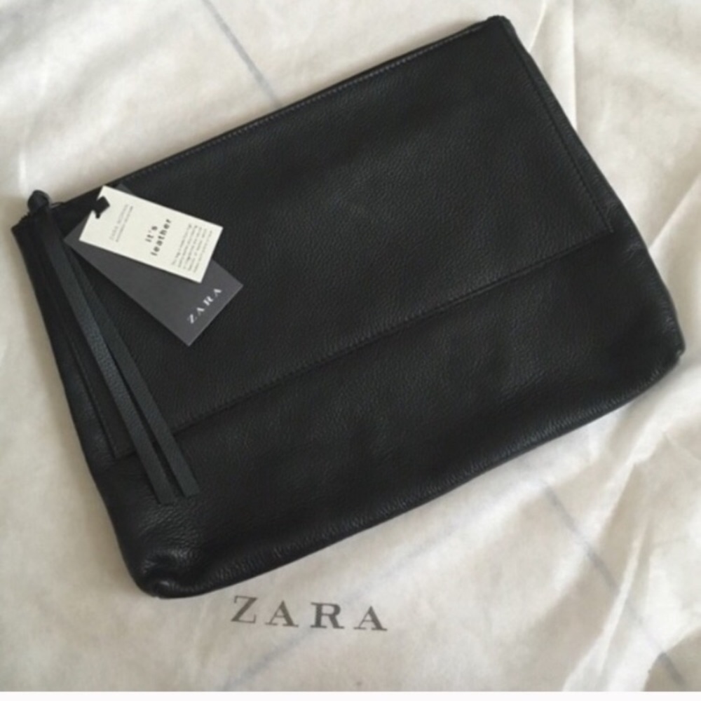 ZARA 100% LEATHER LARGE BLACK CLUTCH ZIP TASSLE BRAND NEW WITH TAGS BLOGGERS FAV